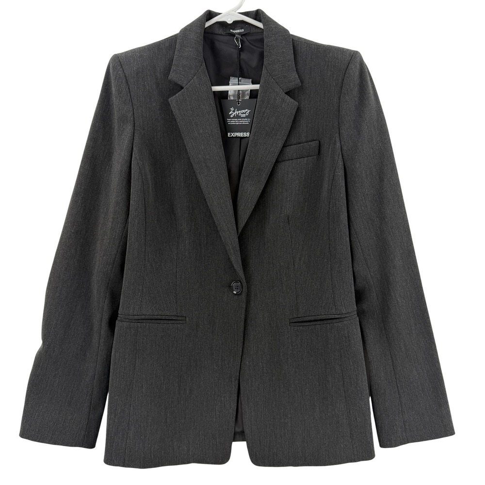 Express‎ Blazer Womens 12 Charcoal Gray The Strong Shoulder Jacket 1-Button Work